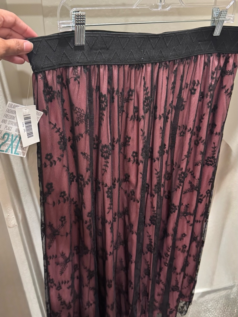 Dusty Rose Maxi Skirt with Black Lace Overlay